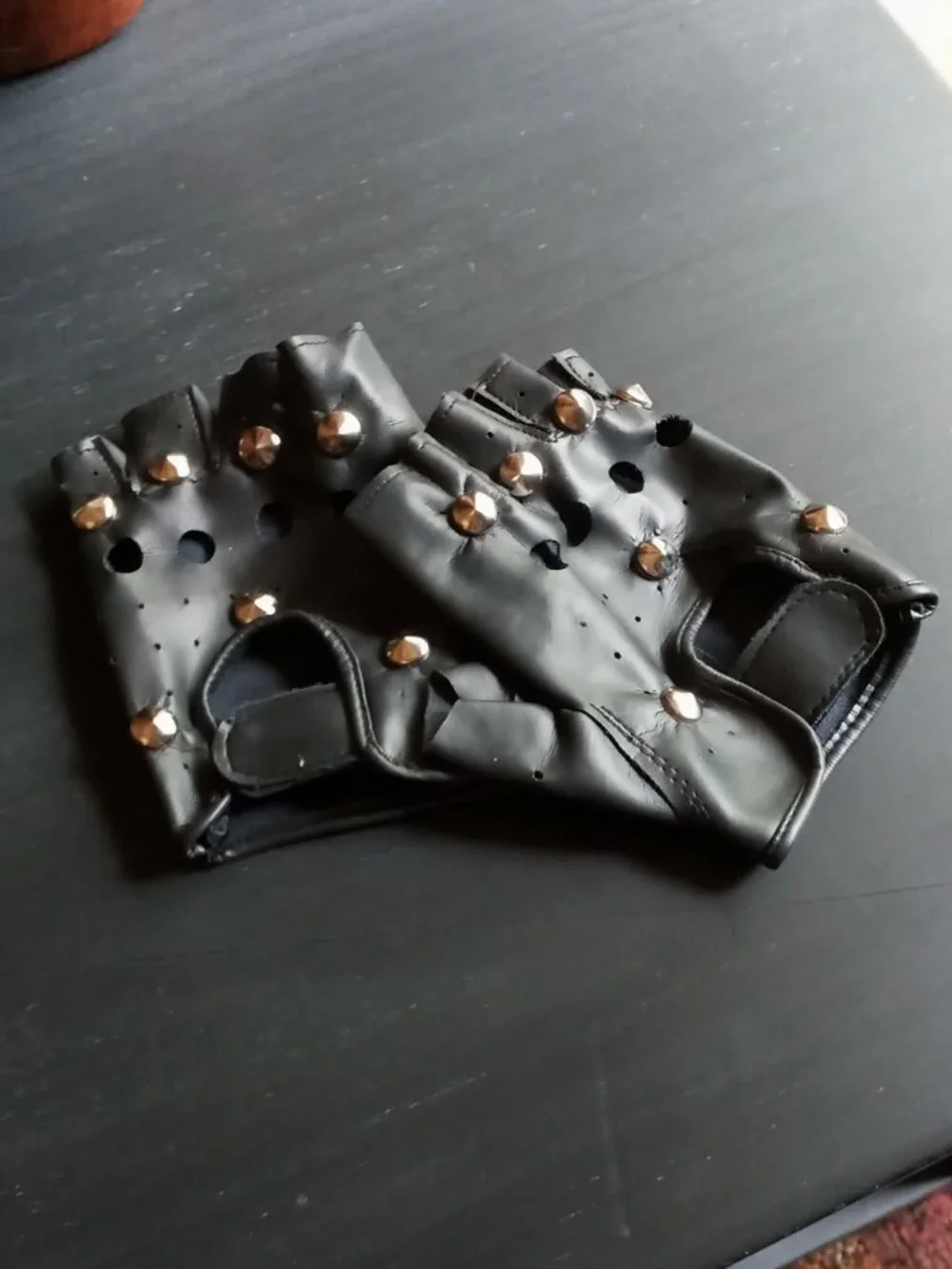 Bad to the Bone Punk Rock Studded Fingerless Black Faux Leather Gloves Costume